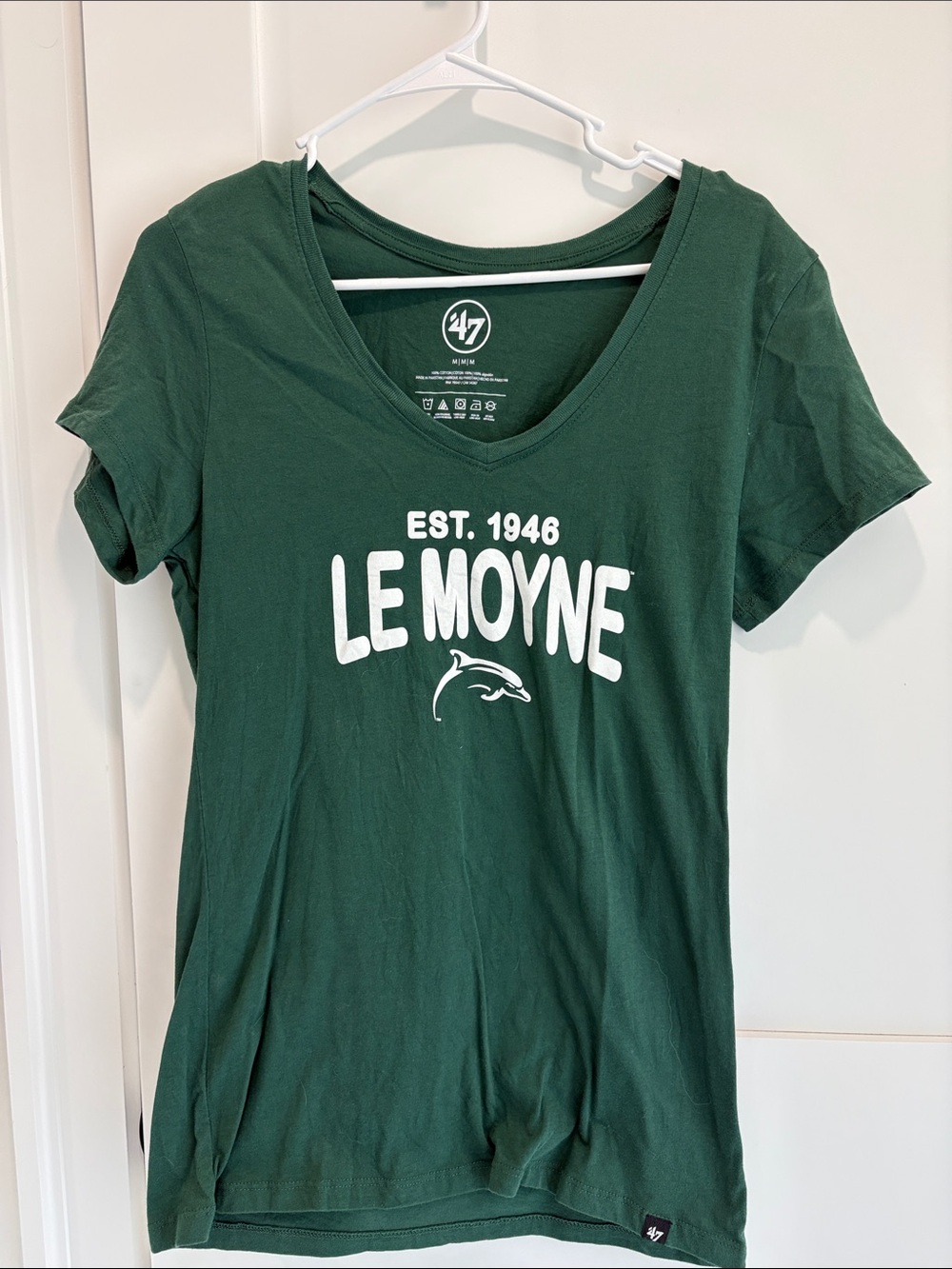 47 Women's Dark Green V-Neck Le Moyne Tee with White Graphic